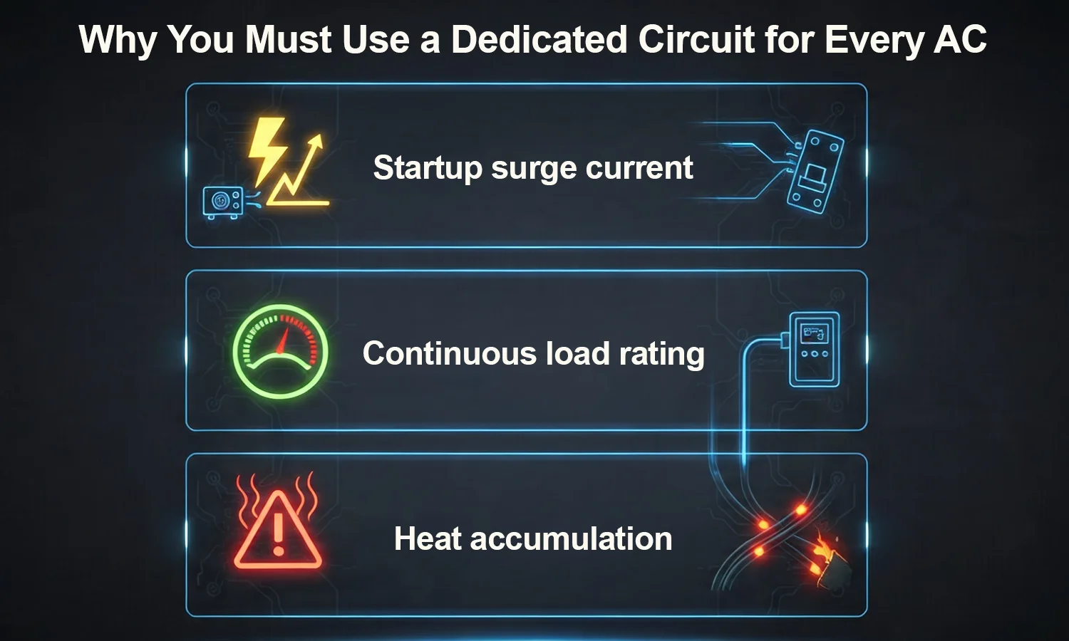 AC dedicated circuit showing surge current, load rating, and heat risk