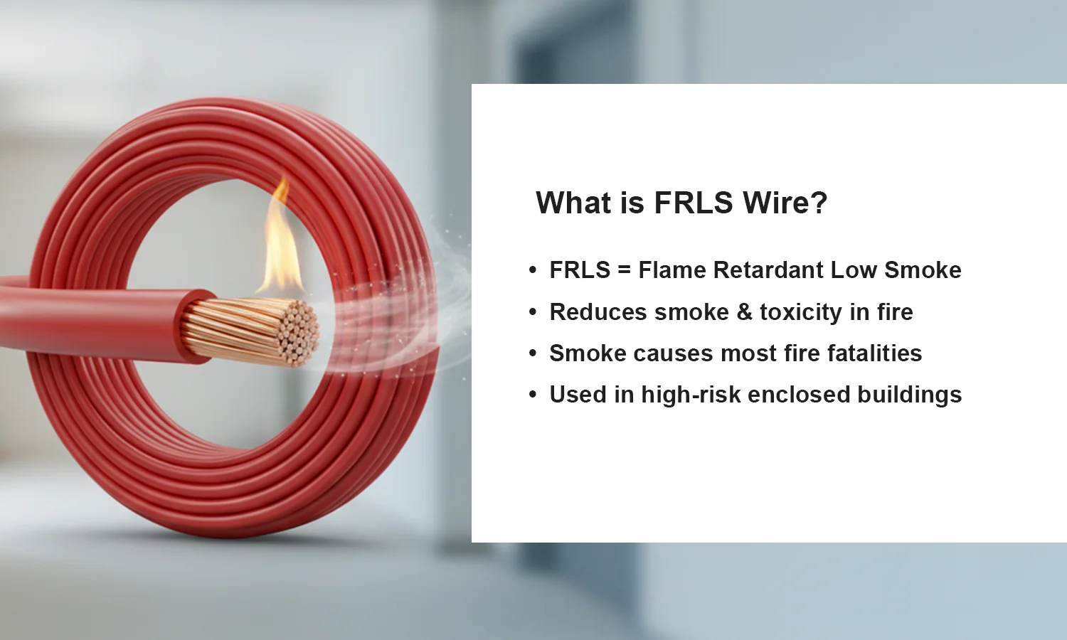 FRLS wire with copper core showing flame resistance and low smoke safety features